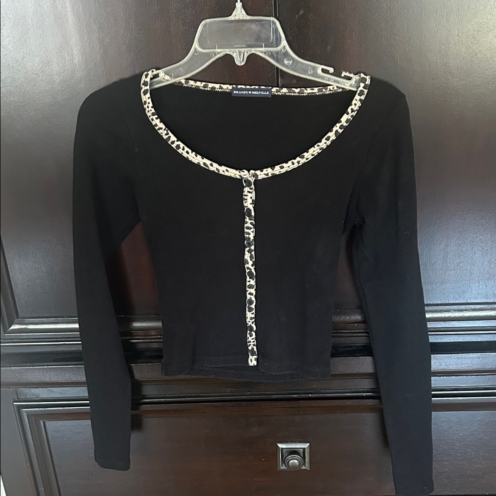 Brandy Melville Black Long Sleeve Scoop Top with Leopard Trim